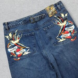NEW Ed Hardy Jeans Men's 34x32 Blue Denim Buckle Back Graphic Super Baggy Retro